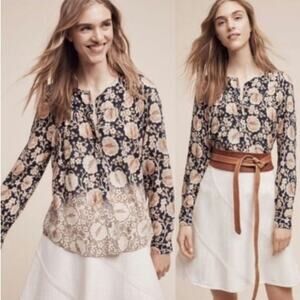 Anthropologie Maeve Ori Bibbed Floral Ombre Button Down Top Women's Size M Boho
